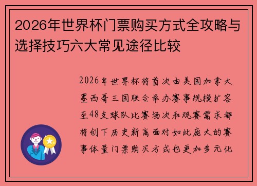 2026年世界杯门票购买方式全攻略与选择技巧六大常见途径比较