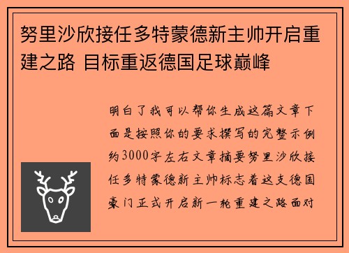 努里沙欣接任多特蒙德新主帅开启重建之路 目标重返德国足球巅峰 努里沙欣接任多特蒙德新主帅开启重建之路 目标重返德国足球巅峰
